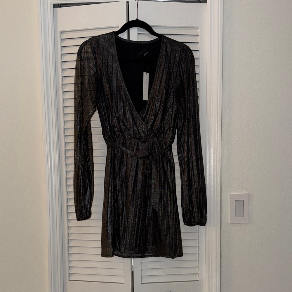Chic Black and Silver Long Sleeve Dress with Belt